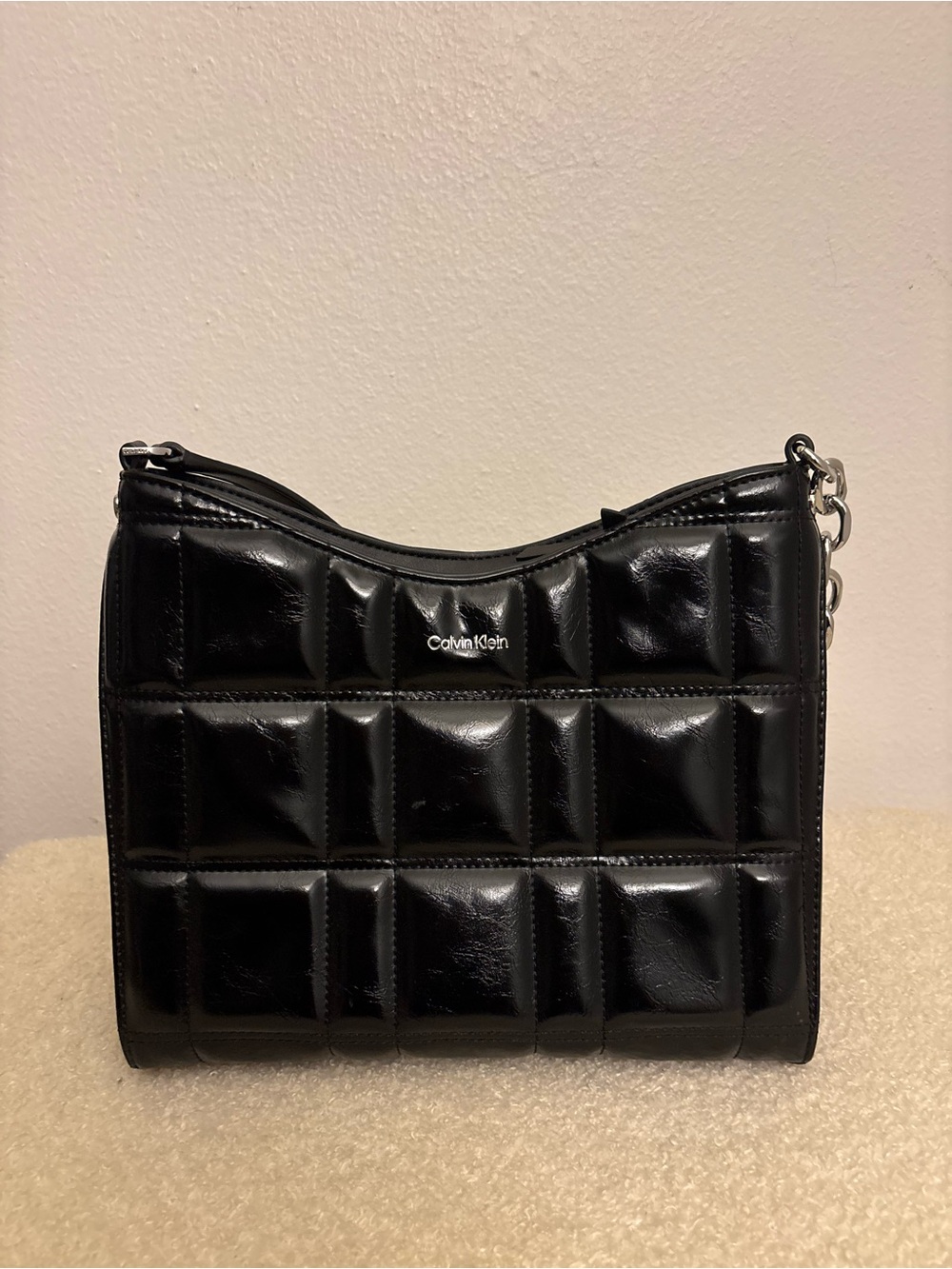Calvin Klein Black Quilted Faux-Leather Shoulder Bag with Silver Hardware